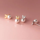 Sweet Rabbit Synthesis Pearl CZ Stud Earrings For Daughter Student