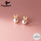 Sweet Rabbit Synthesis Pearl CZ Stud Earrings For Daughter Student