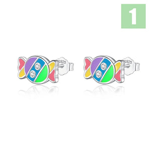 Real 925 Sterling Silver Rainbow Candy CZ Stud Earrings For Girls