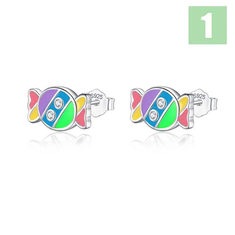 Real 925 Sterling Silver Rainbow Candy CZ Stud Earrings For Girls