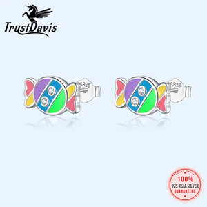 Real 925 Sterling Silver Rainbow Candy CZ Stud Earrings For Girls