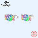 Real 925 Sterling Silver Rainbow Candy CZ Stud Earrings For Girls