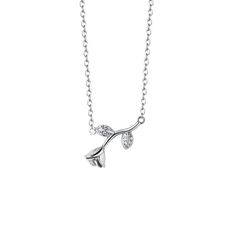 TrustDavis 925 Silver Rose Flower CZ Pendant Necklace For Women