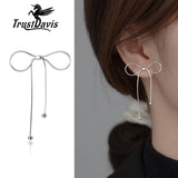 TrustDavis 925 Silver Bowknot Tassel Stud Earrings