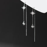 TrustDavis Sterling Silver Star CZ Earrings Women Long Ear Line Party Jewelry