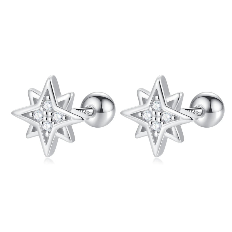 925 Silver Star Zircon Screw Stud Earrings - Wedding Fine Jewelry
