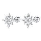 925 Silver Star Zircon Screw Stud Earrings - Wedding Fine Jewelry