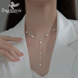 Real 925 Sterling Silver Pearl Ball CZ Tassel Choker Necklace