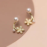 TrustDavis Silver Pearl Flower Zircon Stud Earrings For Women Wedding