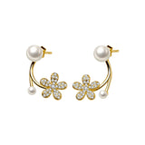 TrustDavis Silver Pearl Flower Zircon Stud Earrings For Women Wedding