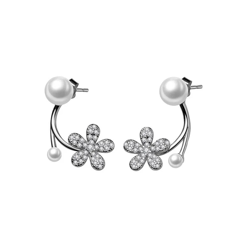 TrustDavis Silver Pearl Flower Zircon Stud Earrings For Women Wedding