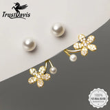 TrustDavis Silver Pearl Flower Zircon Stud Earrings For Women Wedding