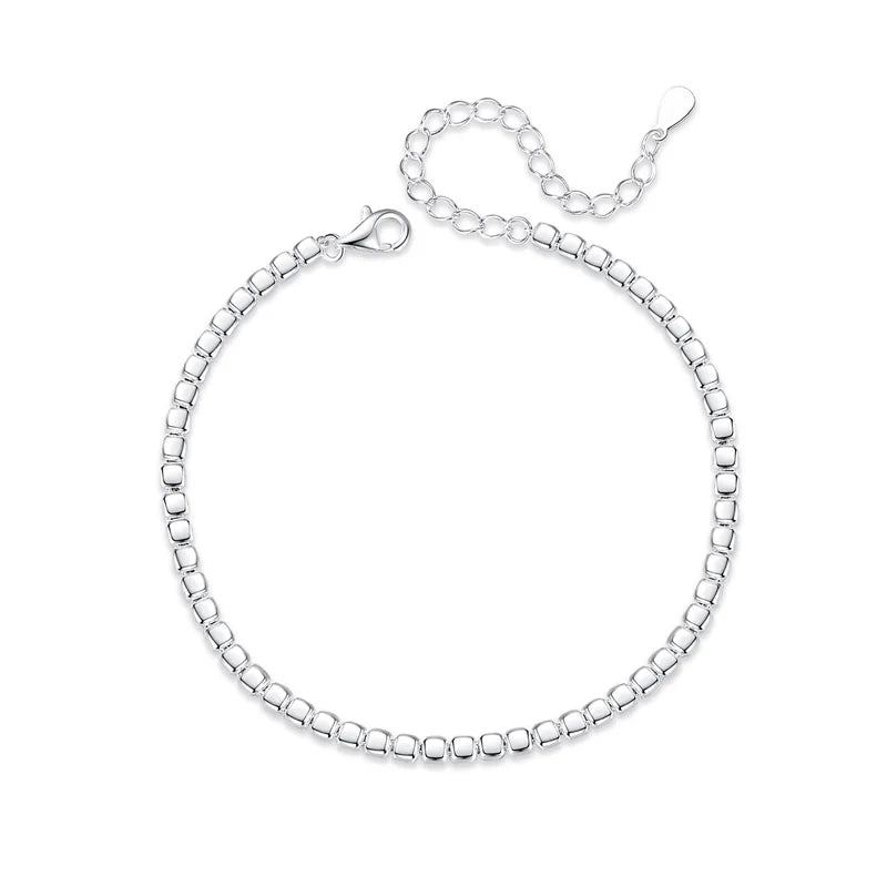 Sterling Silver Square Beads Bracelet for Women Fine Gift