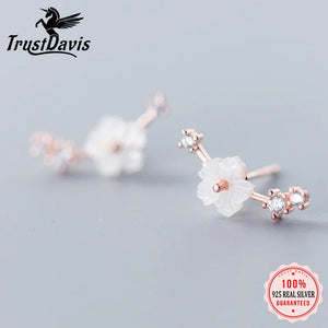 TrustDavis S925 Shell Flower CZ Stud Earring Wedding Party