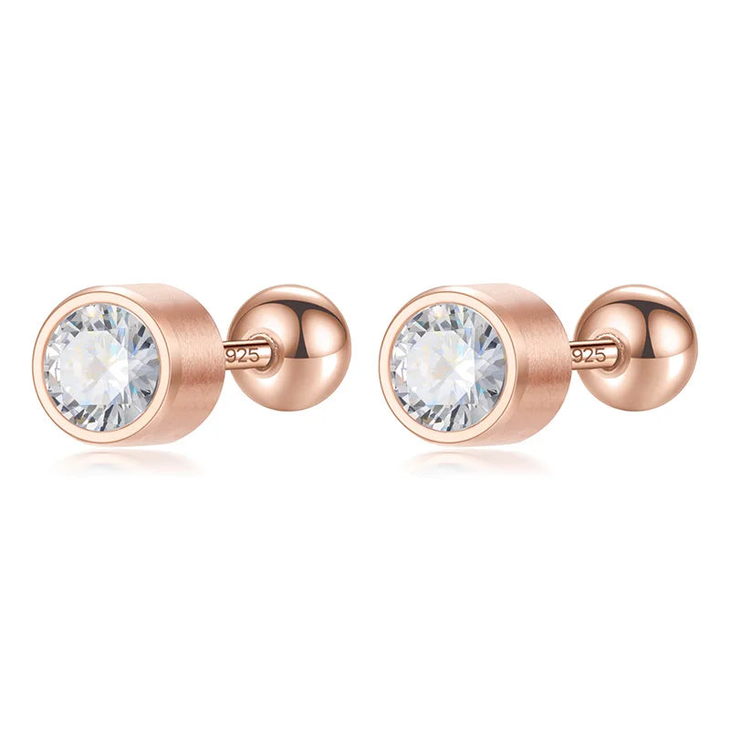 925 Silver Screw Stud Earrings Zircon Girls Birthday Gift