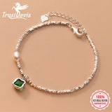 TrustDavis 925 Silver Green Stone Chain Bracelet for Daughter Girl