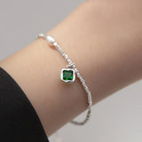 TrustDavis 925 Silver Green Stone Chain Bracelet for Daughter Girl