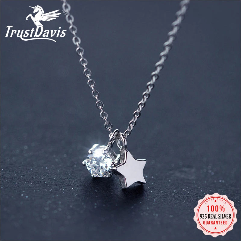 TrustDavis 925 Silver Star Zircon Pendant Short Necklace