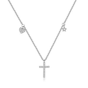 TrustDavis 925 Silver CZ Cross Heart Star Pendant Short Necklace For Women Girls