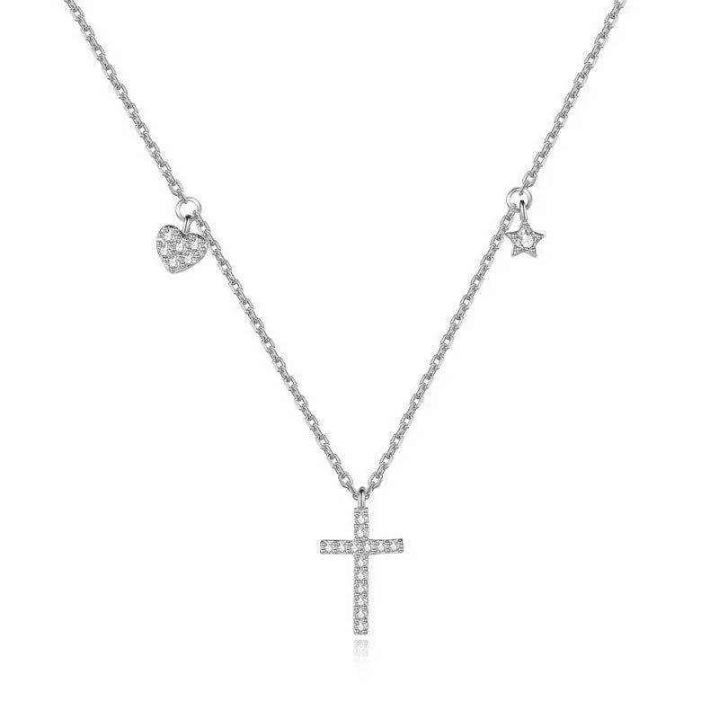 TrustDavis 925 Silver CZ Cross Heart Star Pendant Short Necklace For Women Girls