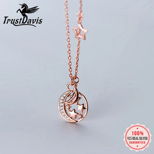 TrustDavis 925 Sterling Silver Moon&Stars CZ Pendant Necklace