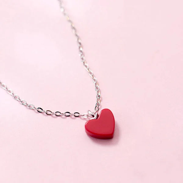 925 Silver Chain Necklace Red Pine Stone Heart Pendant