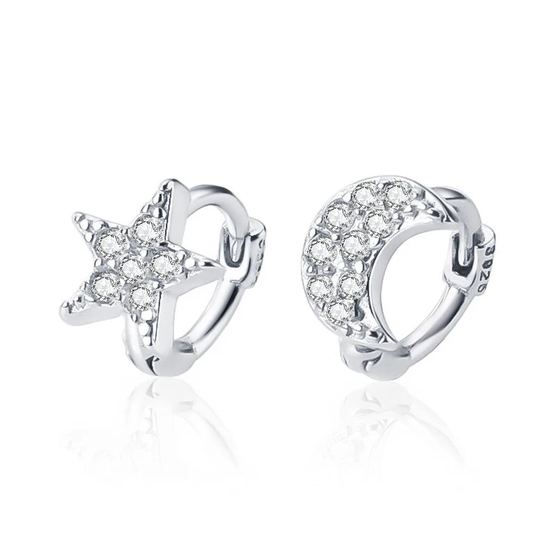 925 Silver Hoop Moon Star Ear Cuff Clip Earrings For Women