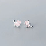 925 Sterling Silver Pink Kitten Kat Stud Earring Asymmetrical