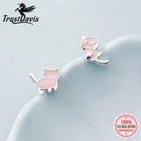 925 Sterling Silver Pink Kitten Kat Stud Earring Asymmetrical