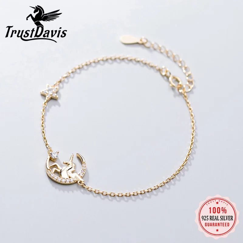 925 Silver Unicorn Stars Moon CZ Bracelet For Women Gift