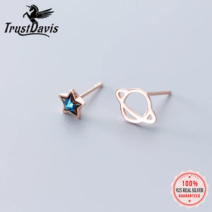 Trustdavis 925 Silver Asymmetric Planet Star Stud Earrings