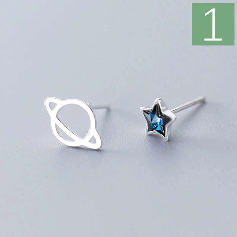 Trustdavis 925 Silver Asymmetric Planet Star Stud Earrings