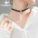Trustdavis 925 Silver Tassel Leather Choker Necklace