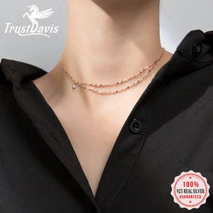 Trustdavis 925 Silver Double Chain CZ Necklace Wedding Jewelry