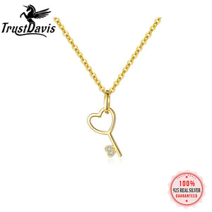 Trustdavis 925 Sterling Silver 14K Plated Heart Zircon Key Pendant Necklace