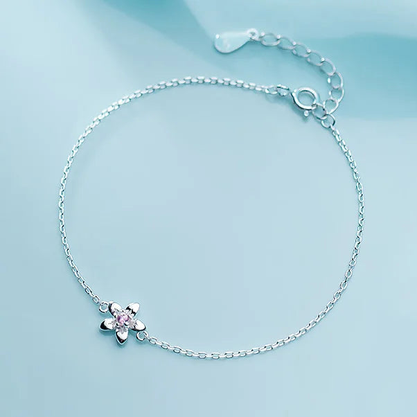 Trustdavis 925 Silver Pink CZ Flower Bracelet Wedding Gift