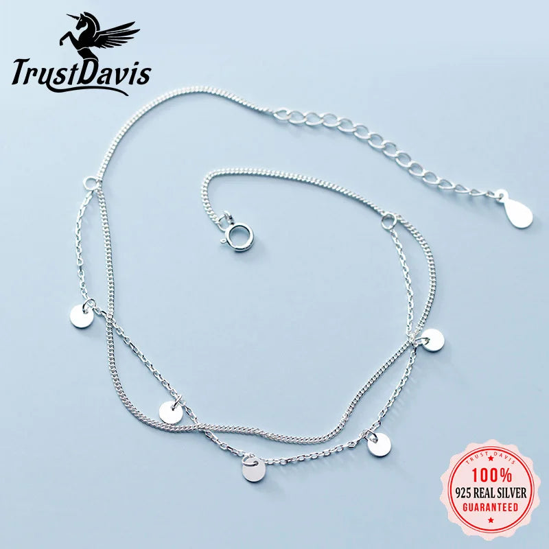 Trustdavis 925 Silver Double Layer Round Wafer Chain Anklets For Women