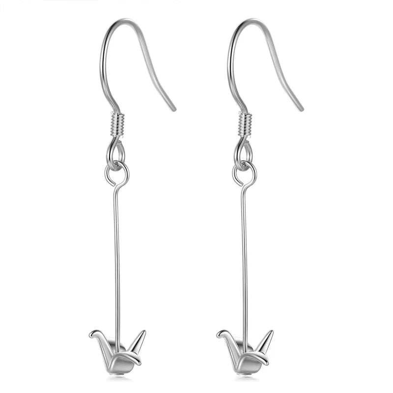 Trustdavis 925 Silver Paper Crane Long Dangle Earrings