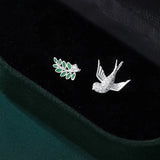 Trustdavis 925 Silver Asymmetric Bird Branch CZ Stud Earrings Wedding Jewelry