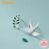 Trustdavis 925 Silver Asymmetric Bird Branch CZ Stud Earrings Wedding Jewelry