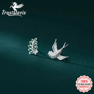 Trustdavis 925 Silver Asymmetric Bird Branch CZ Stud Earrings Wedding Jewelry