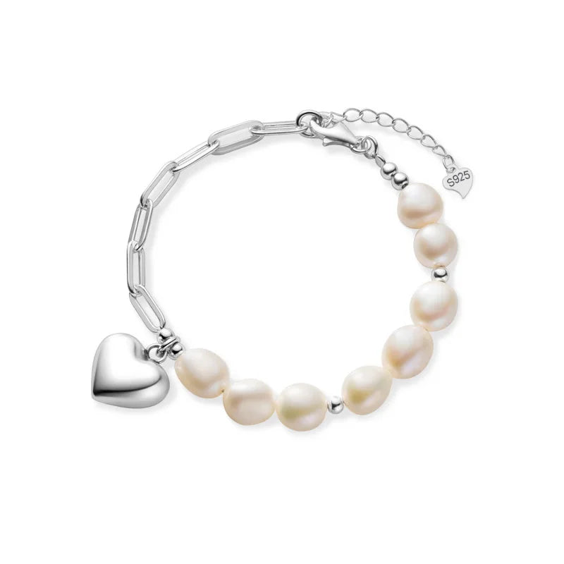 Trustdavis 925 Silver Baroque Pearl Heart Chain Bracelet Women Wedding Jewelry