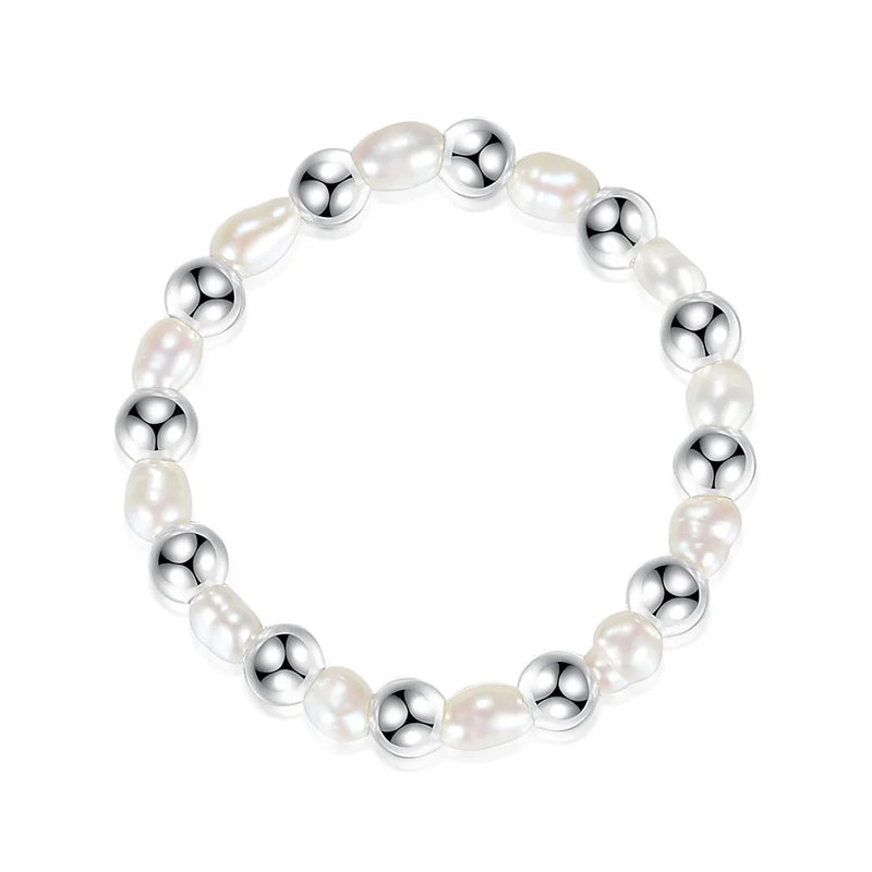 Trustdavis 925 Sterling Silver Sweet Pearl Beads Elastic Ring