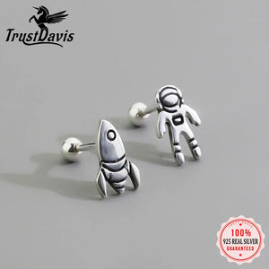 925 Silver Asymmetric Astronaut Rocket Stud Earrings