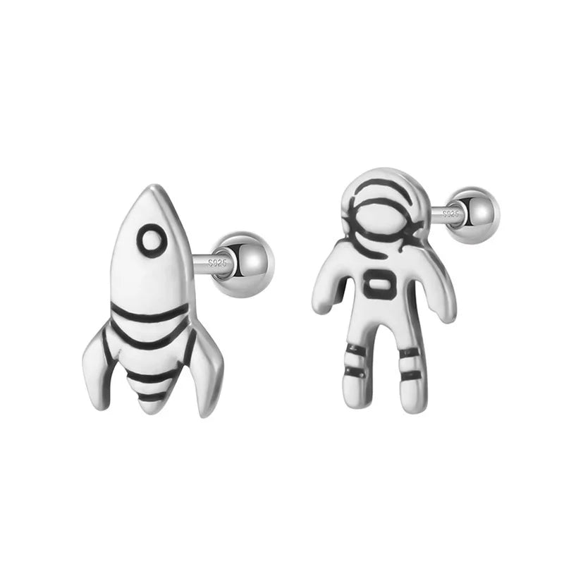925 Silver Asymmetric Astronaut Rocket Stud Earrings