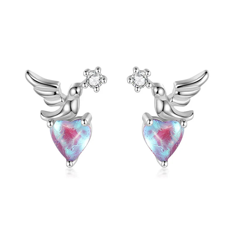 Trustdavis 925 Silver Bird Heart Zircon Stud Earrings