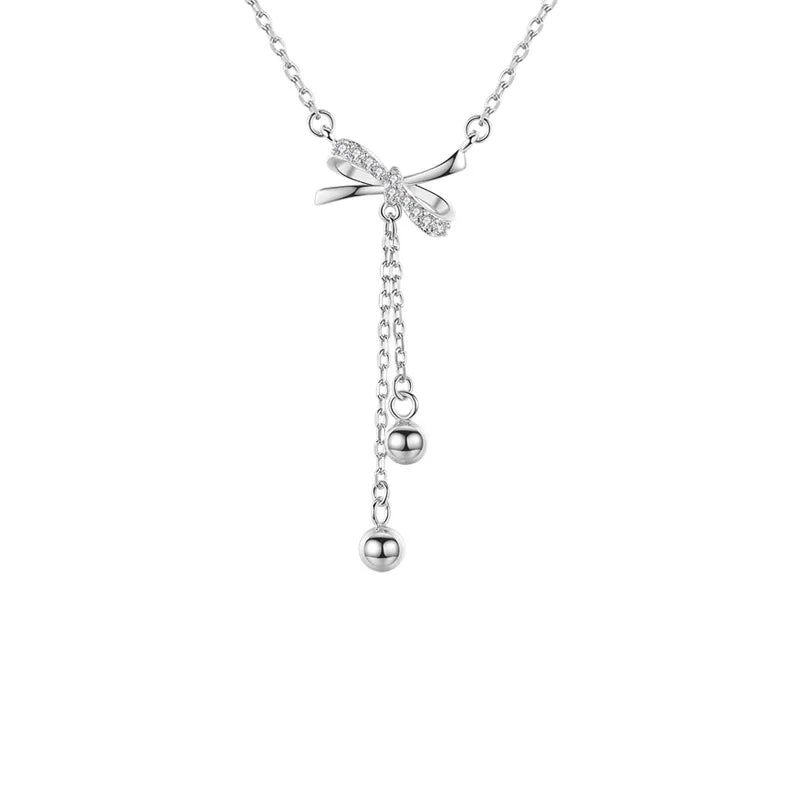 Trustdavis 925 Silver Bowknot Tassel Chain Beads Necklace