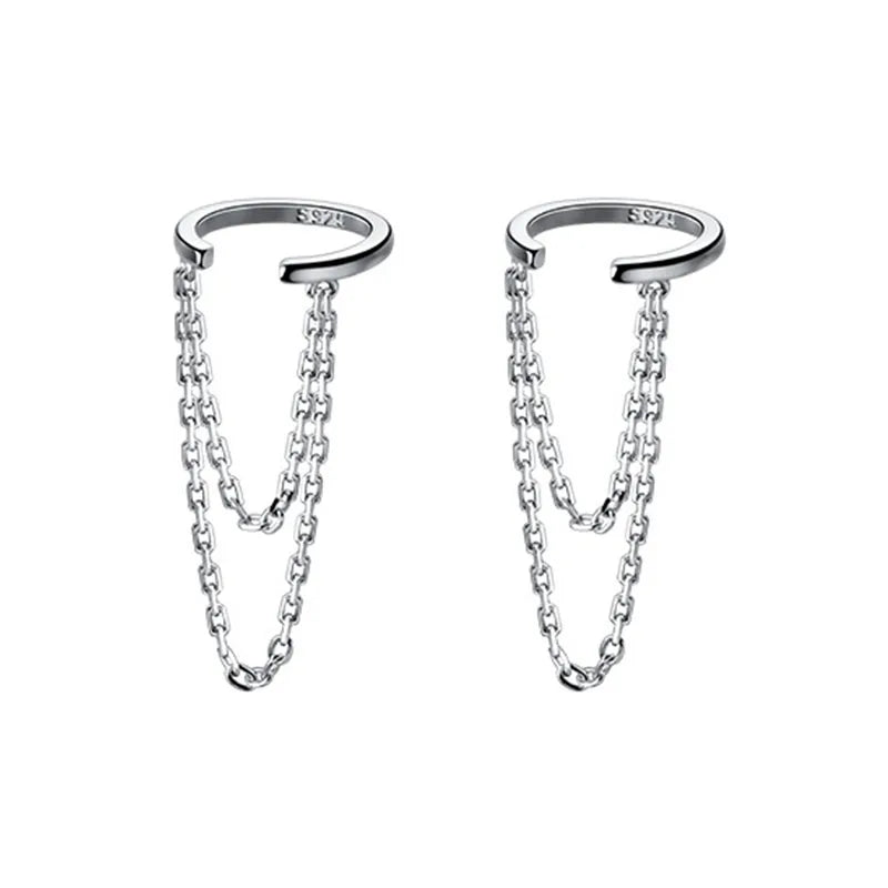 Trustdavis 925 Sterling Silver Double Chain Clip On Earrings Ear Cuff for Women