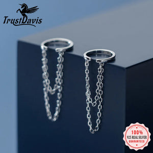 Trustdavis 925 Sterling Silver Double Chain Clip On Earrings Ear Cuff for Women
