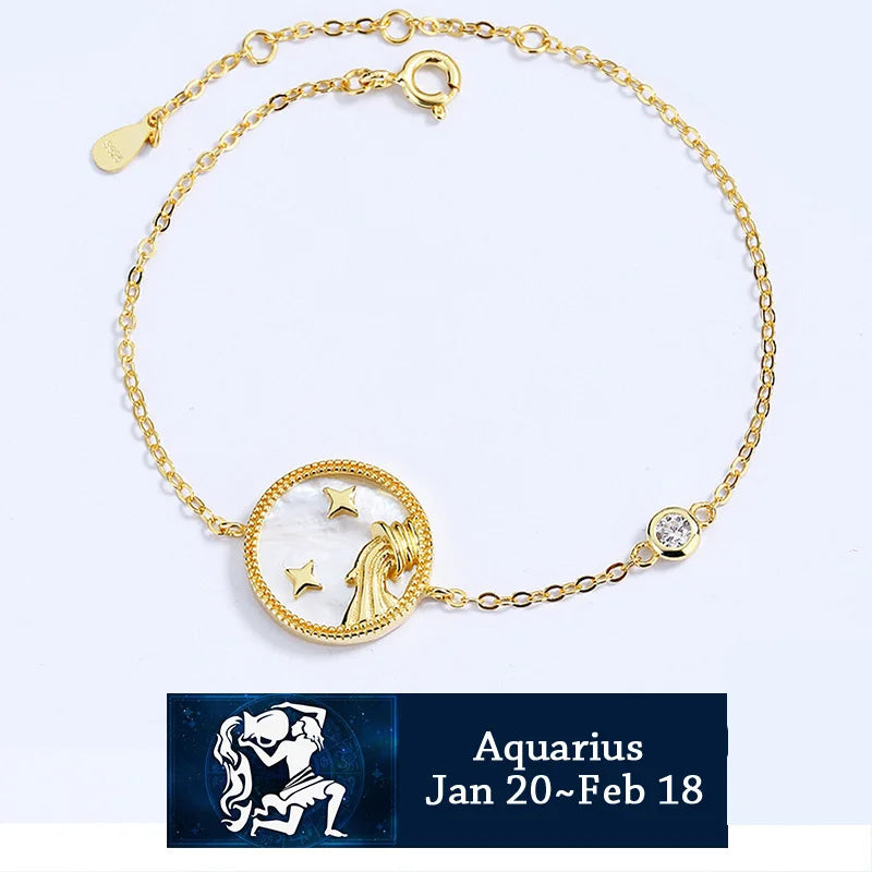 Trustdavis 925 Silver Shell Crystal Round 12 Constellation Bracelet Bangle